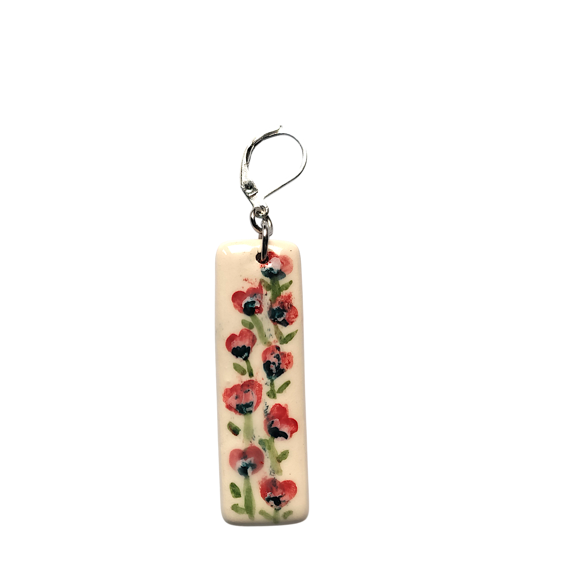 Brincos Retângulos Flores Vermelhas em Cerâmica Pintados à Mão
